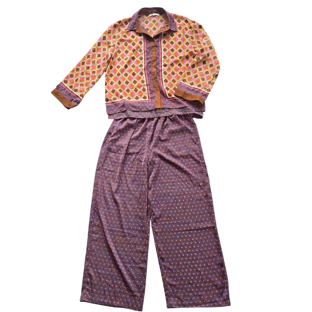 Rose + Olive Boho Set Geometric Print 2 Piece Long Sleeve Shirt Wide Leg Pants L - Picture 2 of 15